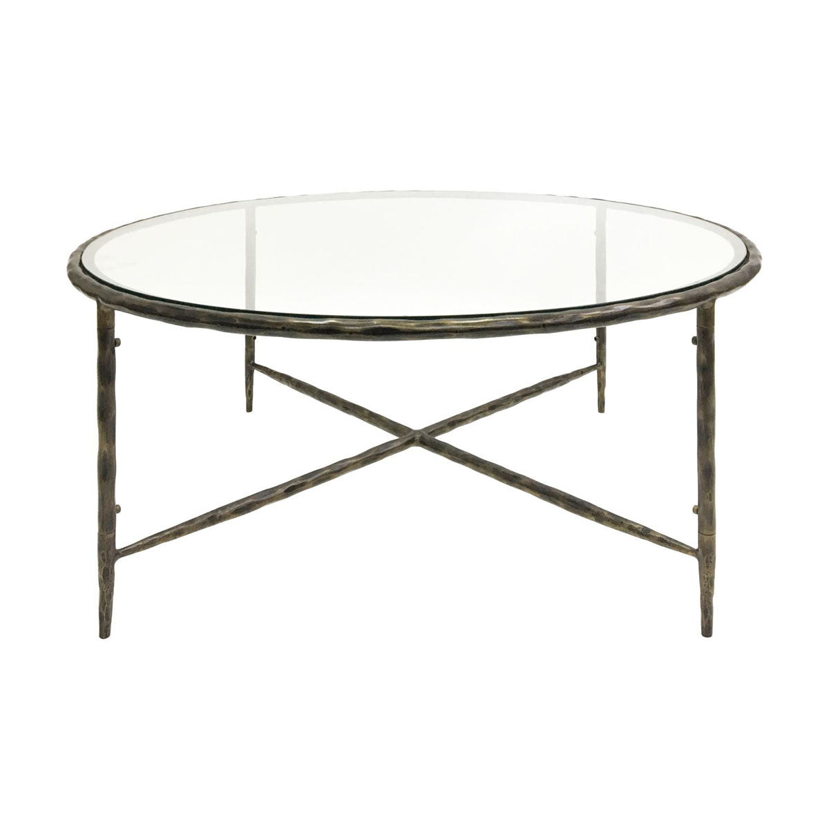 Patterdale handgeschmiedeter runder Couchtisch mit dunklem Bronze-Finish und Glasplatte