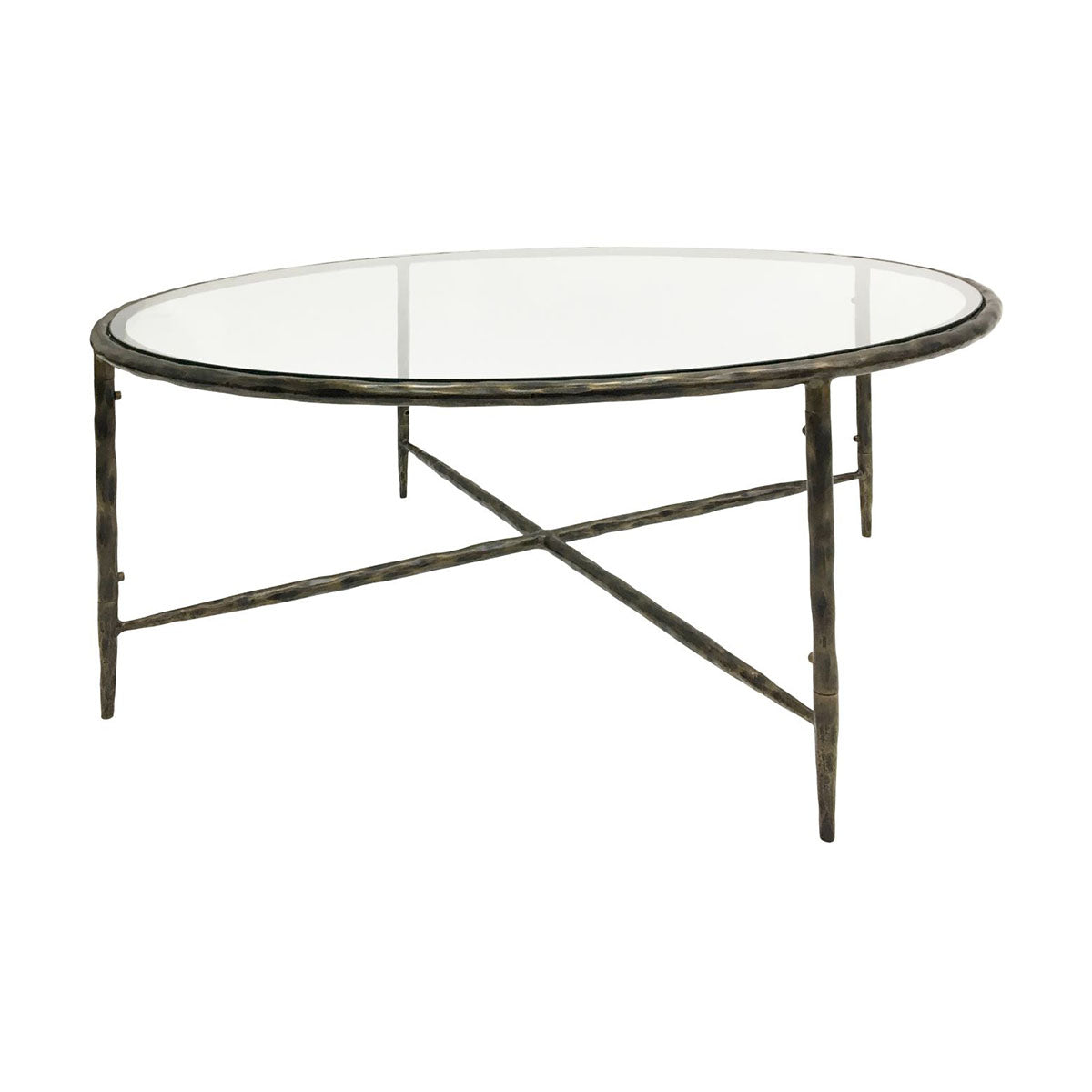 Patterdale handgeschmiedeter runder Couchtisch mit dunklem Bronze-Finish und Glasplatte
