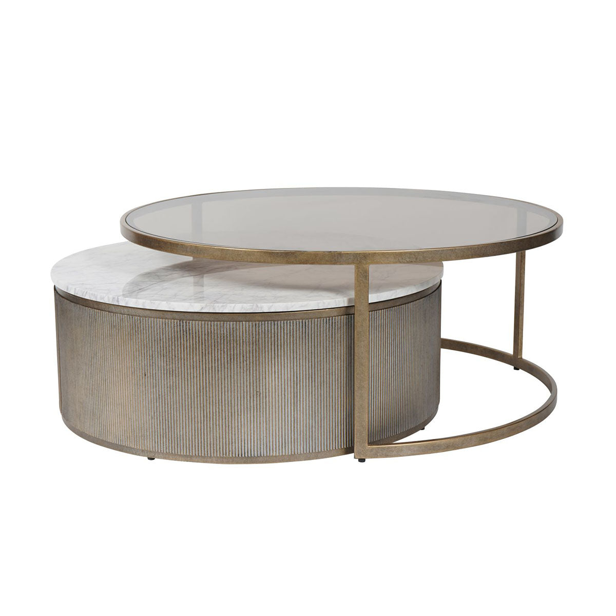 Belvedere Aged Gold Set of 2 Nesting Coffee Tables with Marble and Tinted Glass