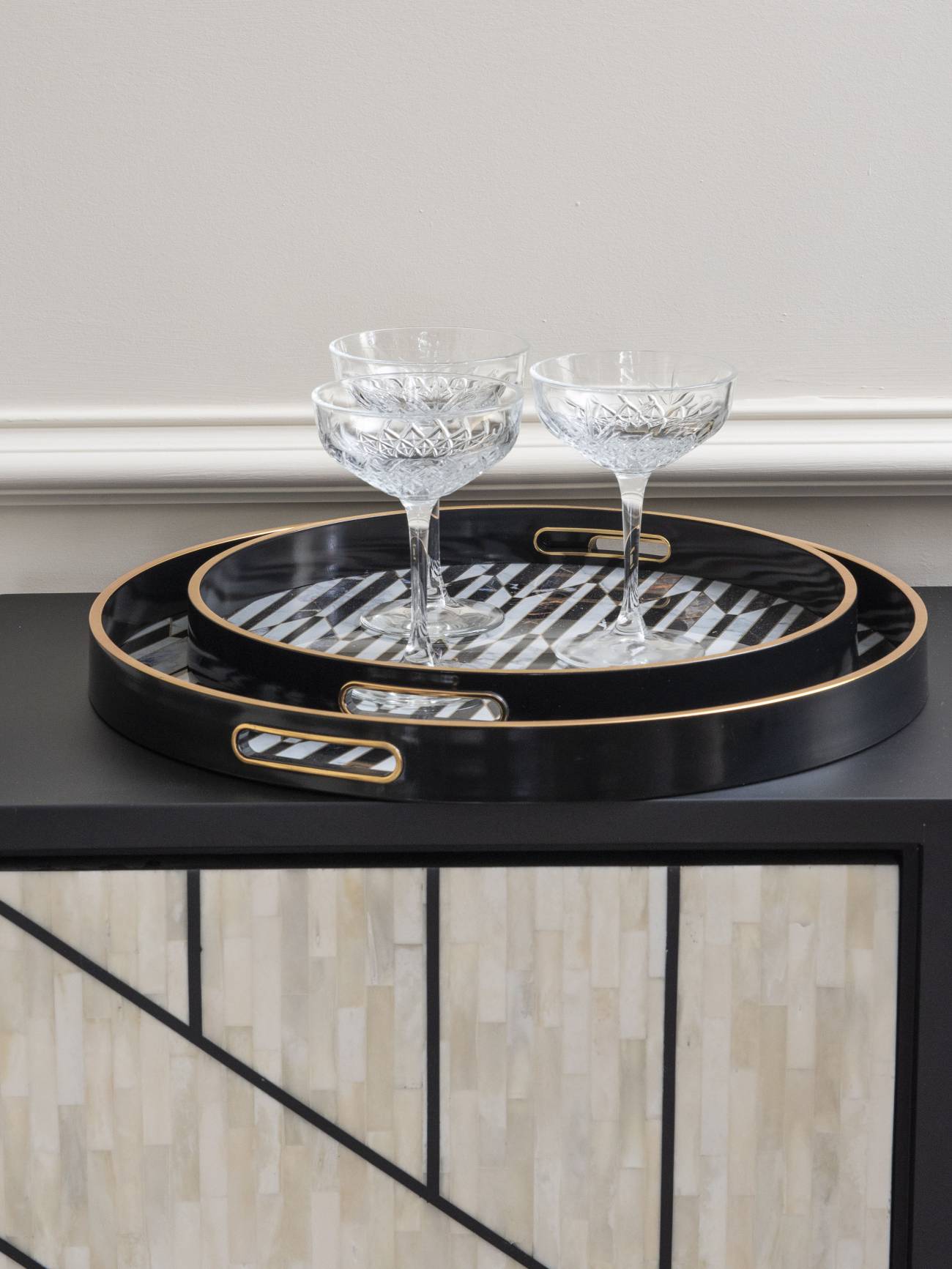 Black And Antique Gold Geometric Pattern Tray