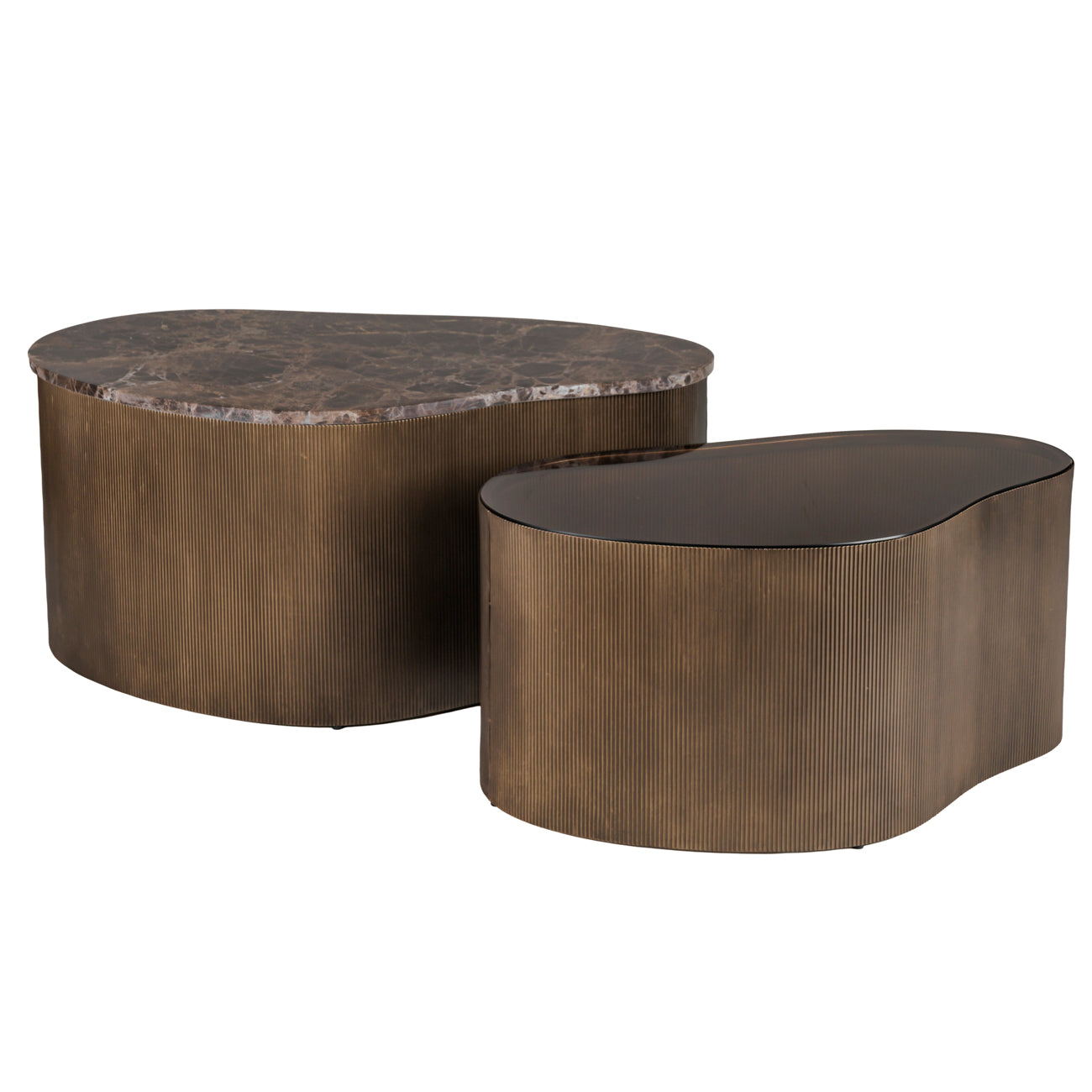 Belvedere Aged Gold Set aus 2 zusammensetzbaren Couchtischen mit Marmor und getöntem Glas