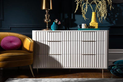 Fluted 6 Drawer Wide Chest with Gold Accents