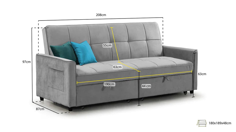 Enna Sofabed Plush 3 Seater Grey