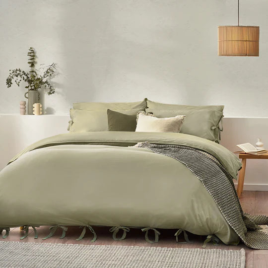 Mallow Bow Tie Linen Bedding Set Soft Sage