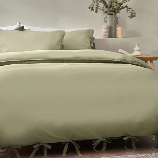 Mallow Bow Tie Linen Bedding Set Soft Sage