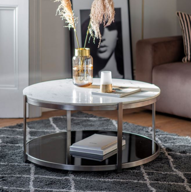 Marble Top Round Silver Coffer Table