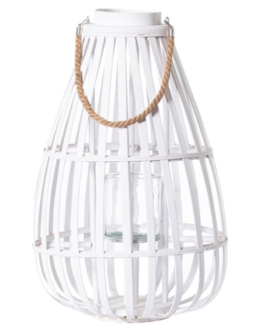 White Floor Standing Domed Wicker Lantern With Rope Detail