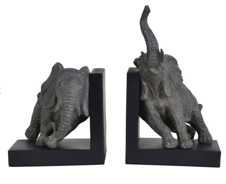 Grey Elephant Resin Bookends on Black Base