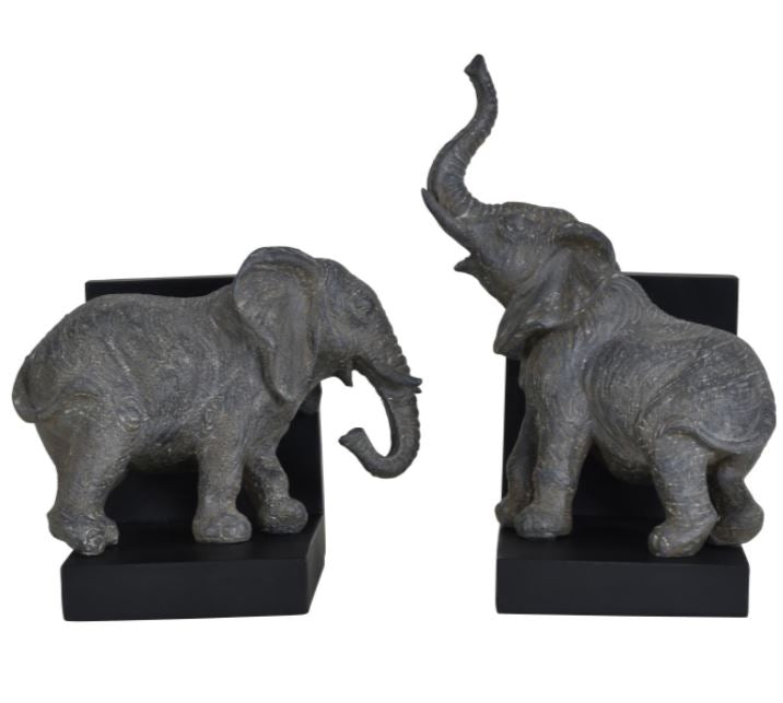 Grey Elephant Resin Bookends on Black Base