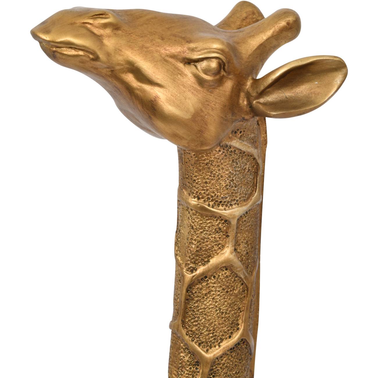 Sculpture en or d'une girafe géante, tête en avant