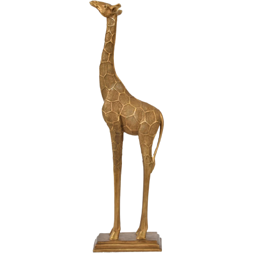 Sculpture en or d'une girafe géante, tête en avant