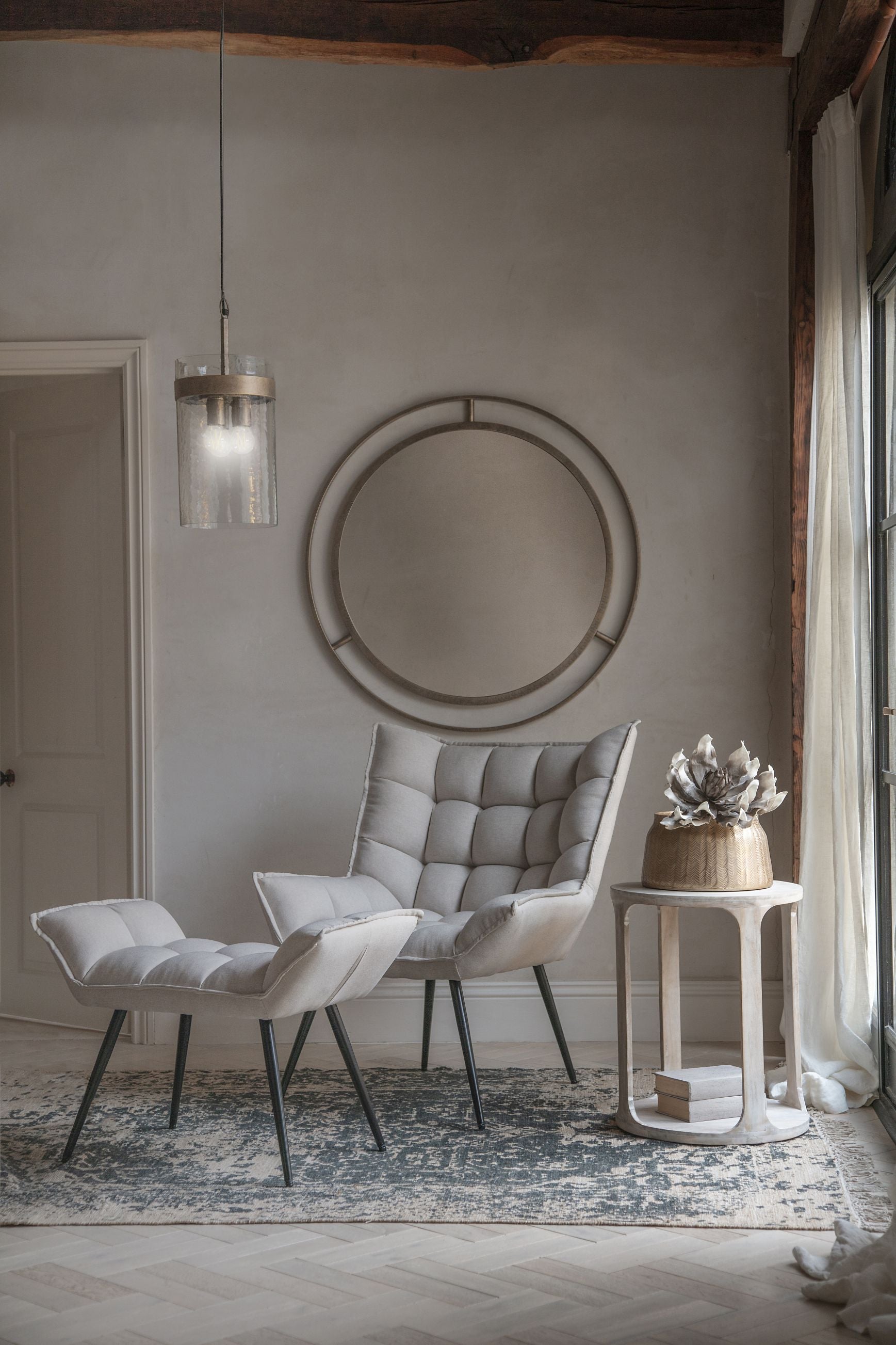 Helena Occasional Chair with Footstool in Oatmeal Fabric