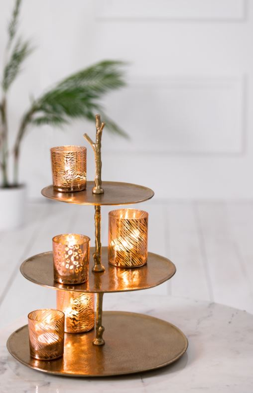 Tealight PENZA Glass Brick Red-Gold Set of 3