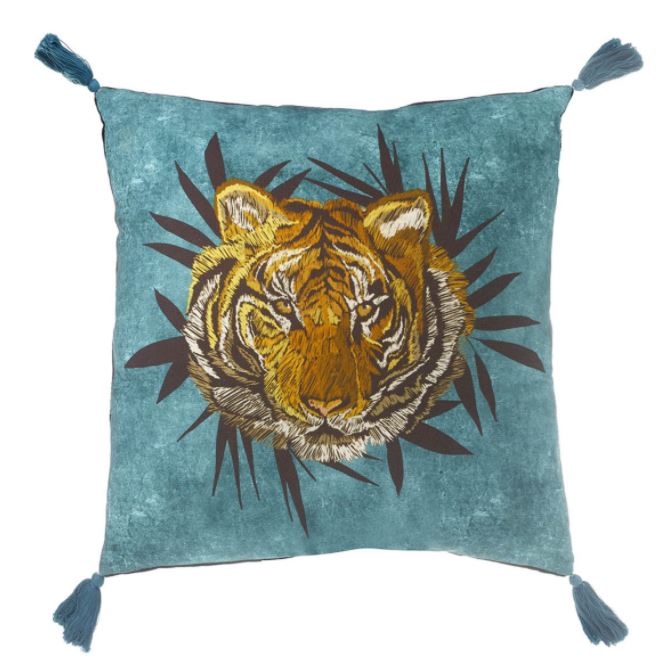 Tiger Face Cushion Teal/Black Cotton