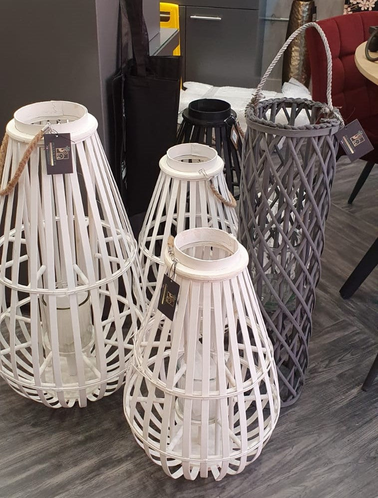White Floor Standing Domed Wicker Lantern With Rope Detail