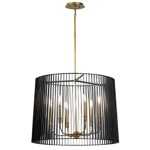 6 Light Chandelier In Natural Brass With Black Slatted Shade