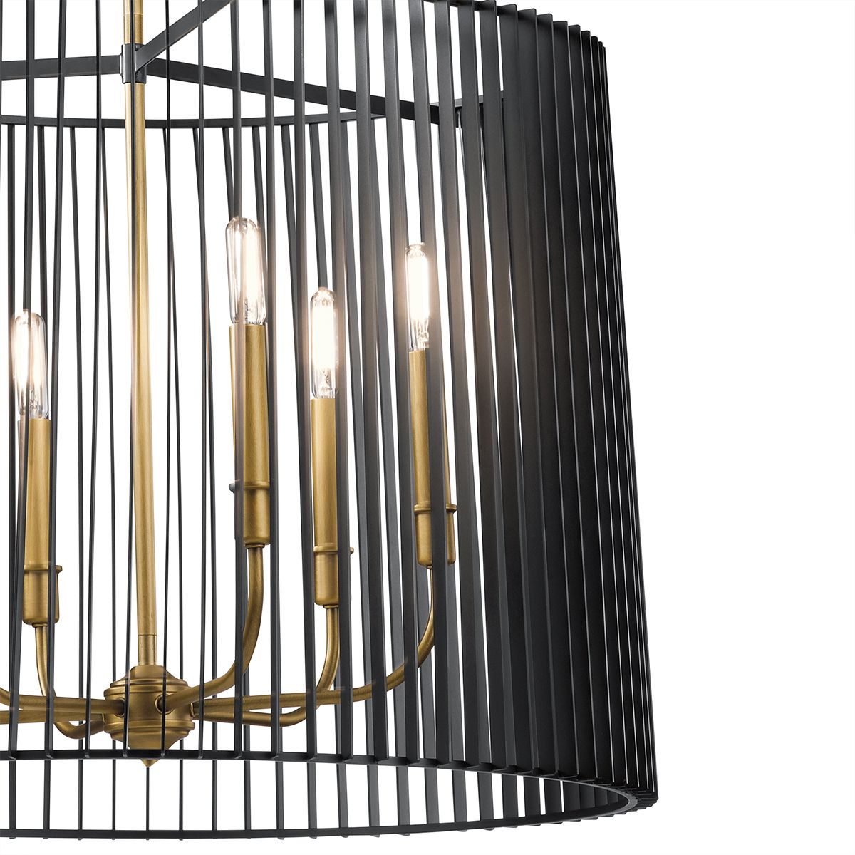 6 Light Chandelier In Natural Brass With Black Slatted Shade