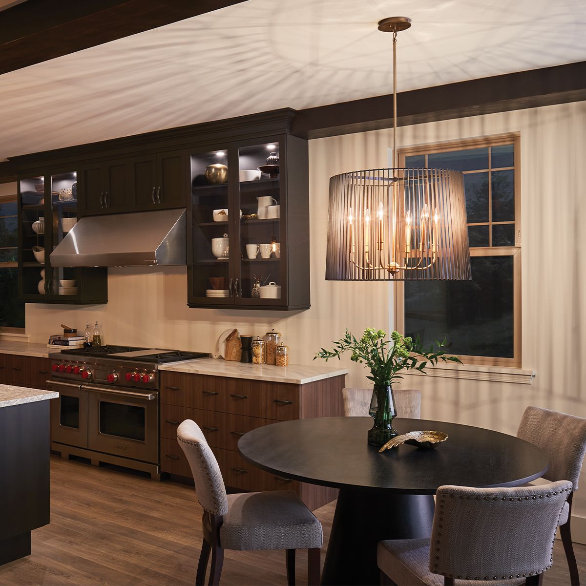 6 Light Chandelier In Natural Brass With Black Slatted Shade