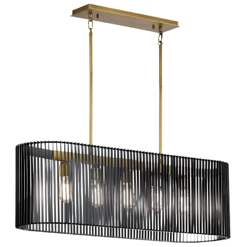 5 Light Linear Chandelier In Natural Brass With Black Slatted Shade