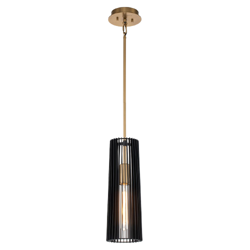 Single Ceiling Pendant In Natural Brass With Black Slatted Shade