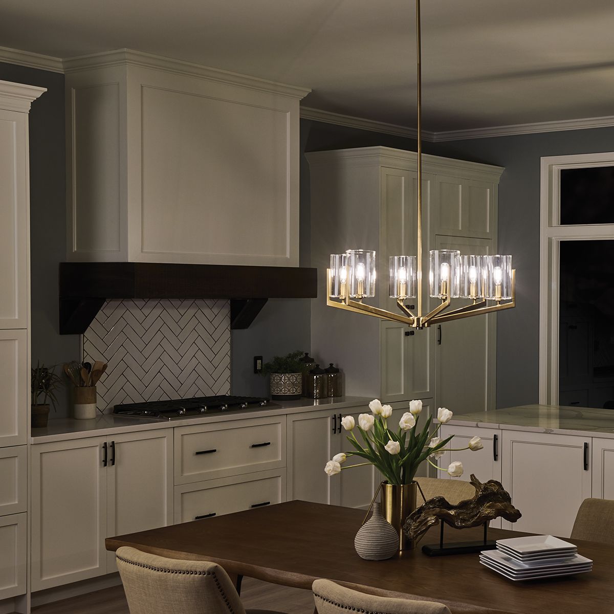 6 Light Ceiling Chandelier in Brushed Natural Brass Finish