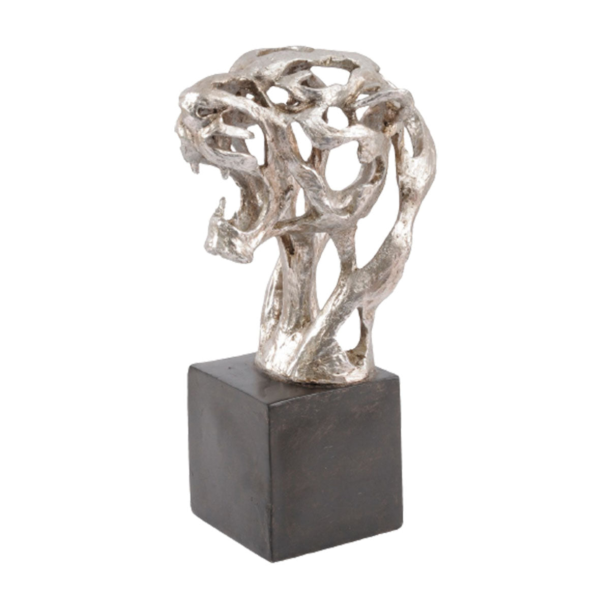 Sculpture abstraite tête de tigre Addo en résine argentée