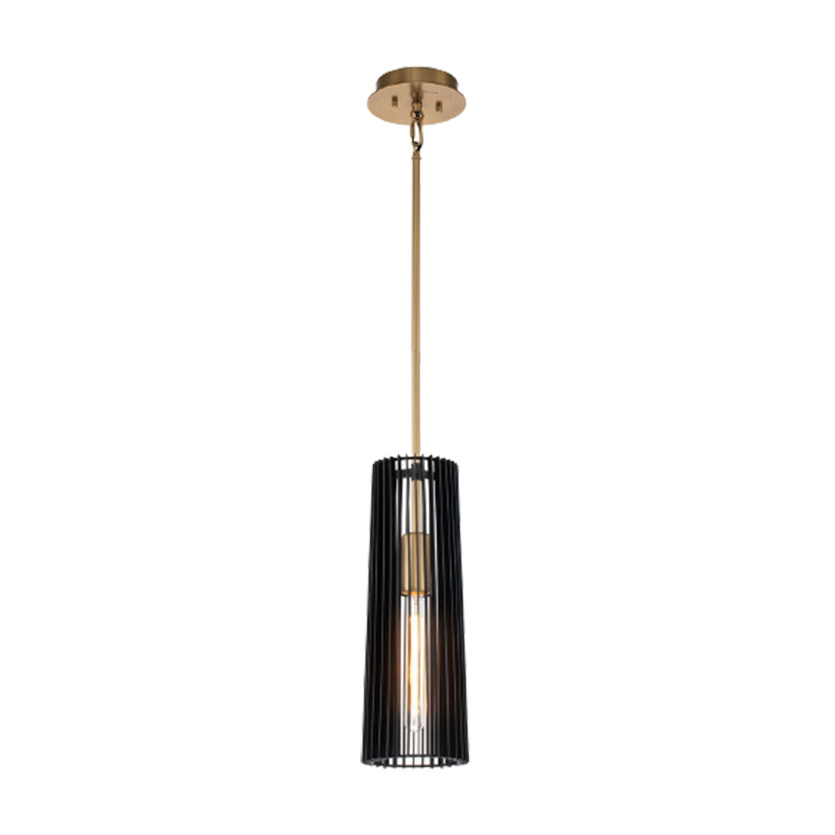 Single Ceiling Pendant In Natural Brass With Black Slatted Shade