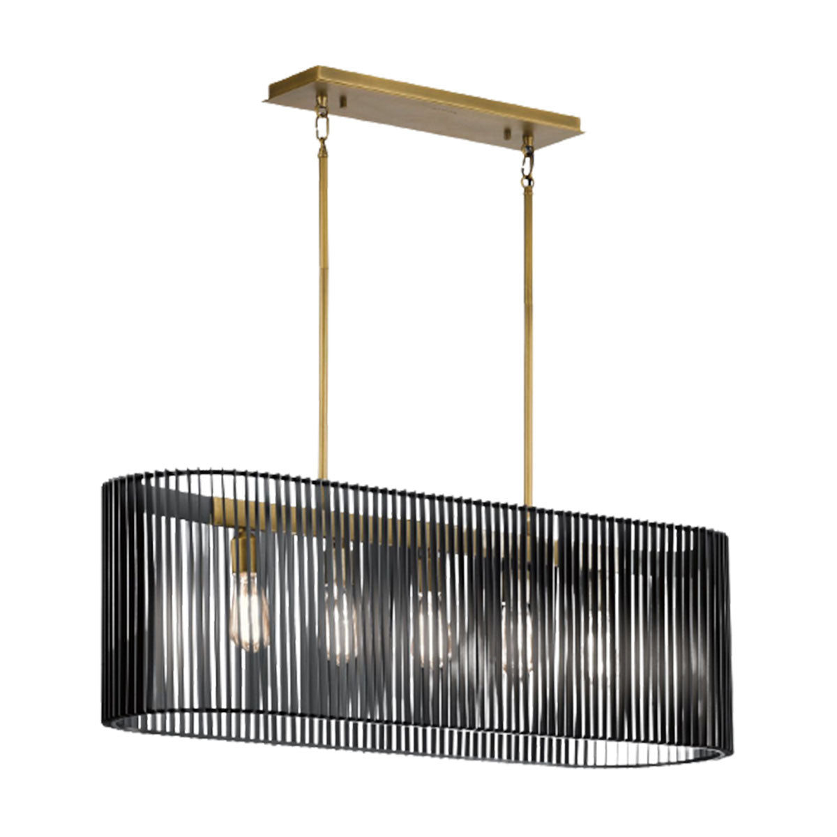 5 Light Linear Chandelier In Natural Brass With Black Slatted Shade