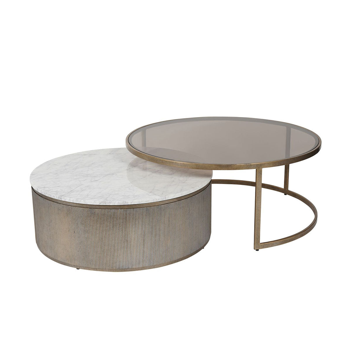 Belvedere Aged Gold Set of 2 Nesting Coffee Tables with Marble and Tinted Glass