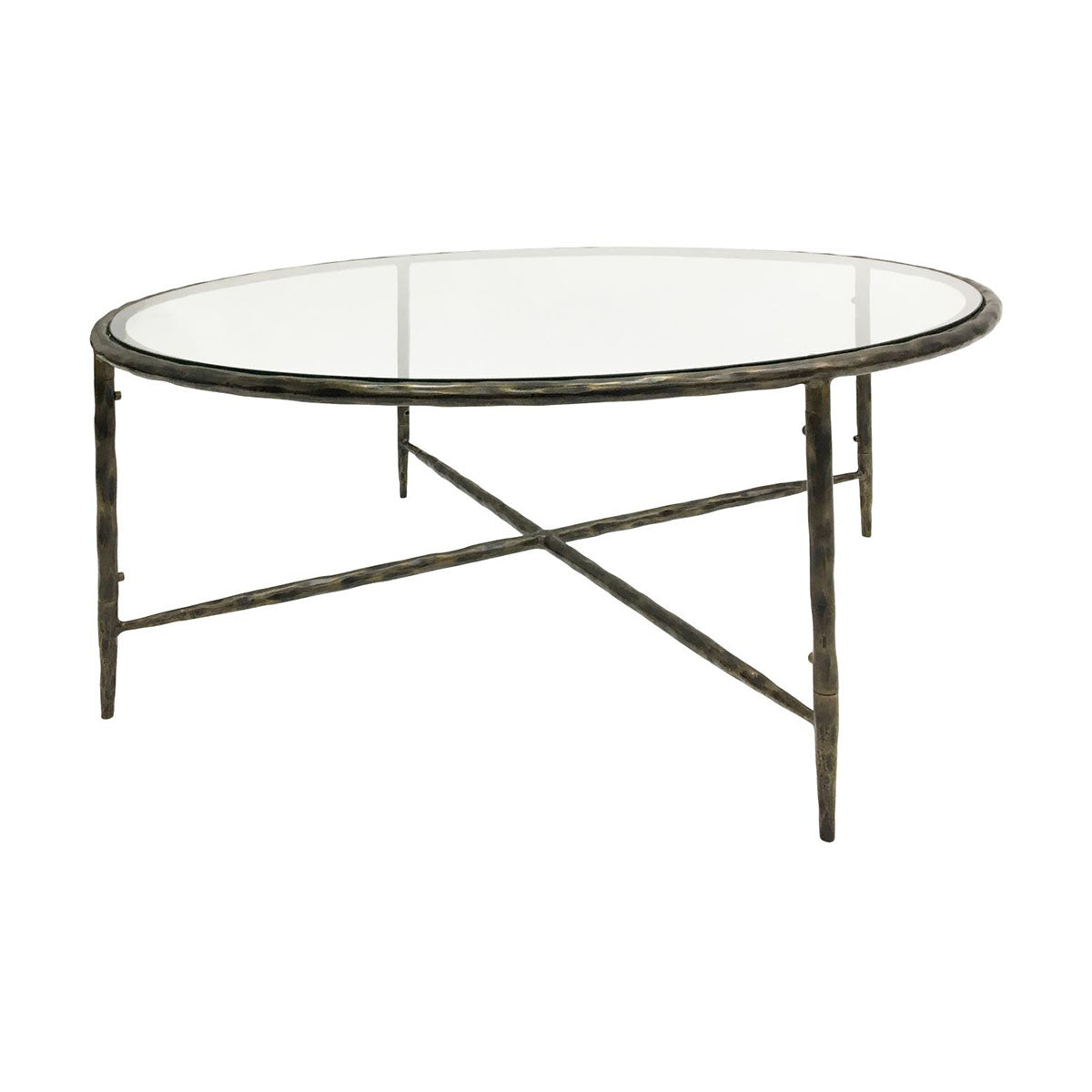 Patterdale Table basse ronde forgée à la main, finition bronze foncé avec plateau en verre