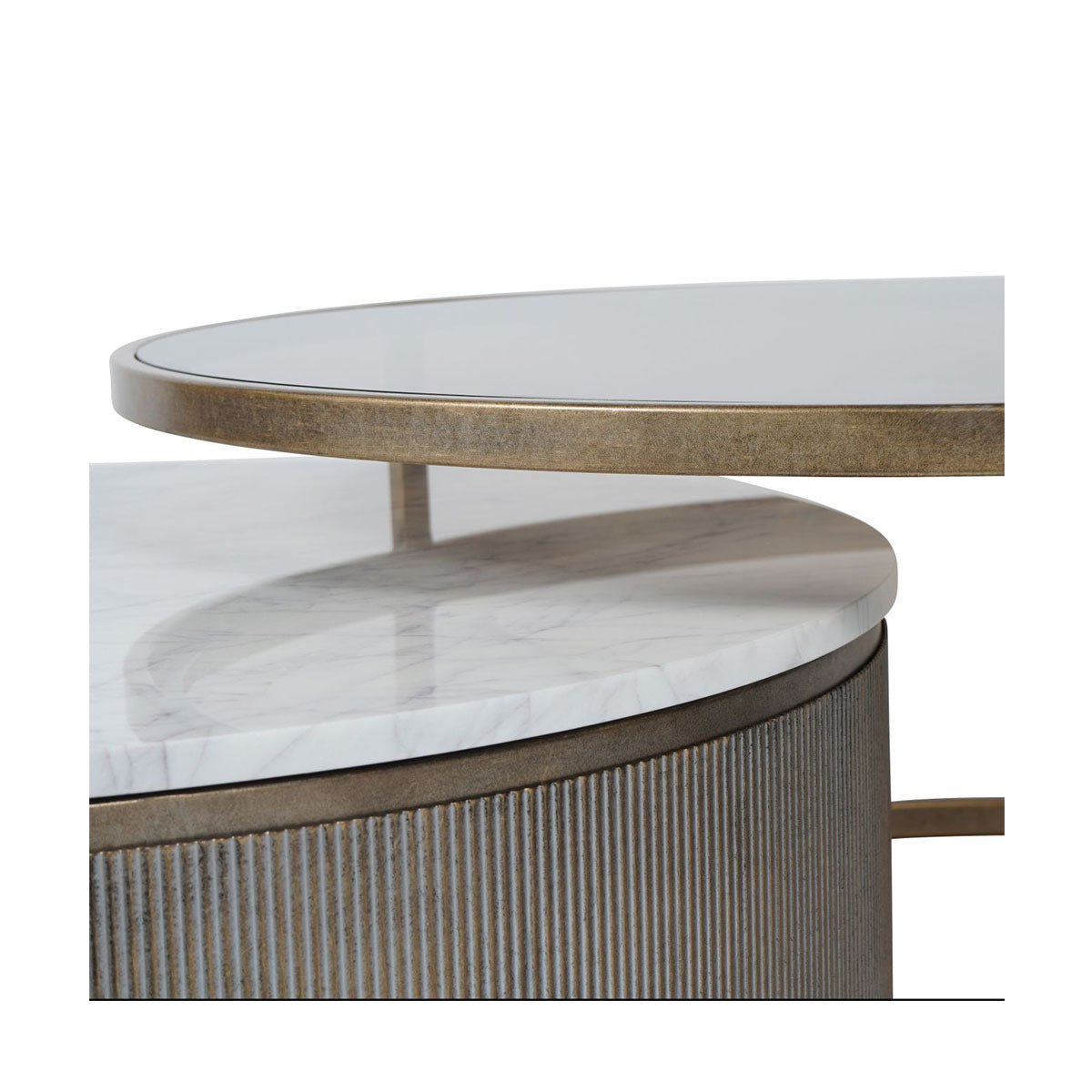 Ensemble de 2 tables basses gigognes Belvedere Aged Gold avec marbre et verre teinté