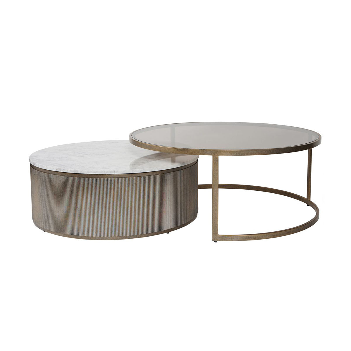 Belvedere Aged Gold Set of 2 Nesting Coffee Tables with Marble and Tinted Glass