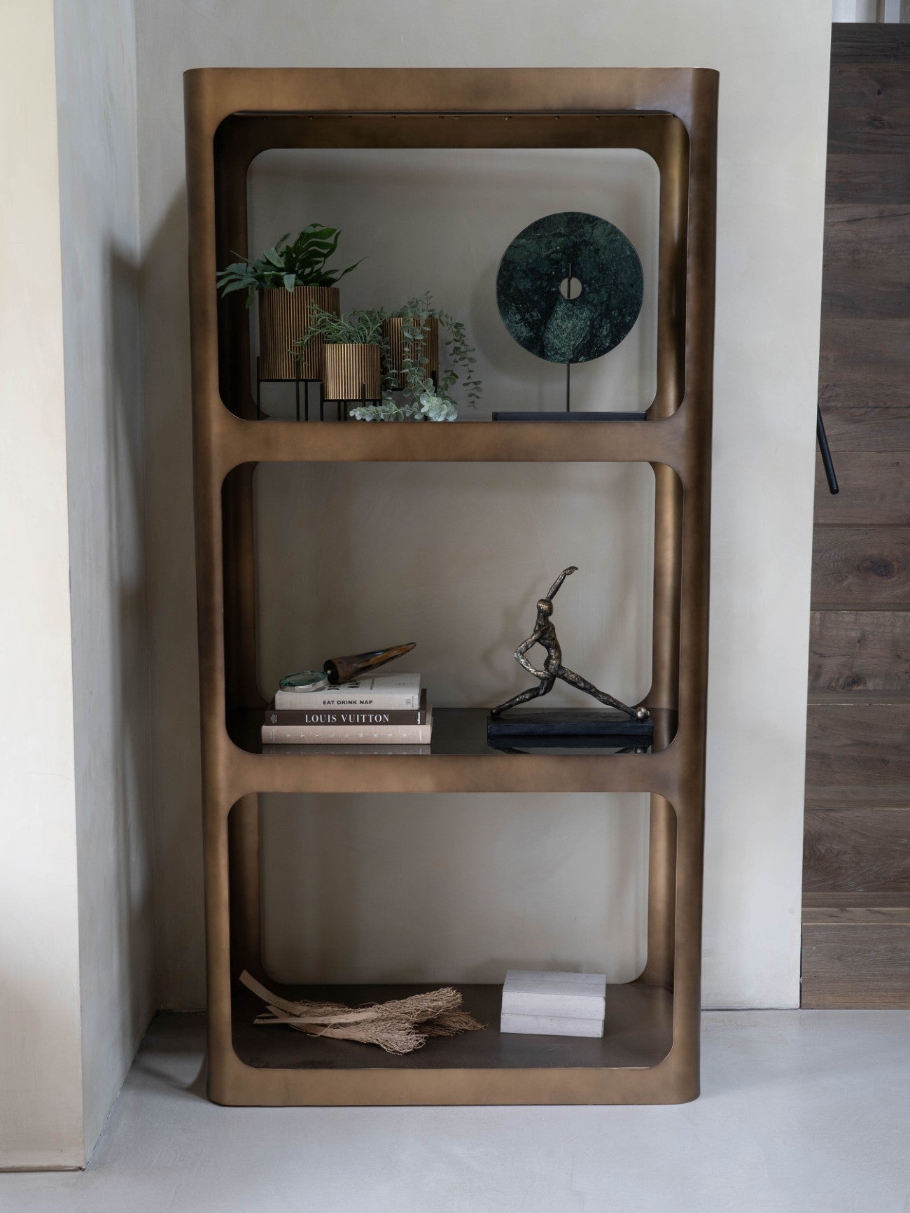 Gold Metal and Glass Shelving Unit