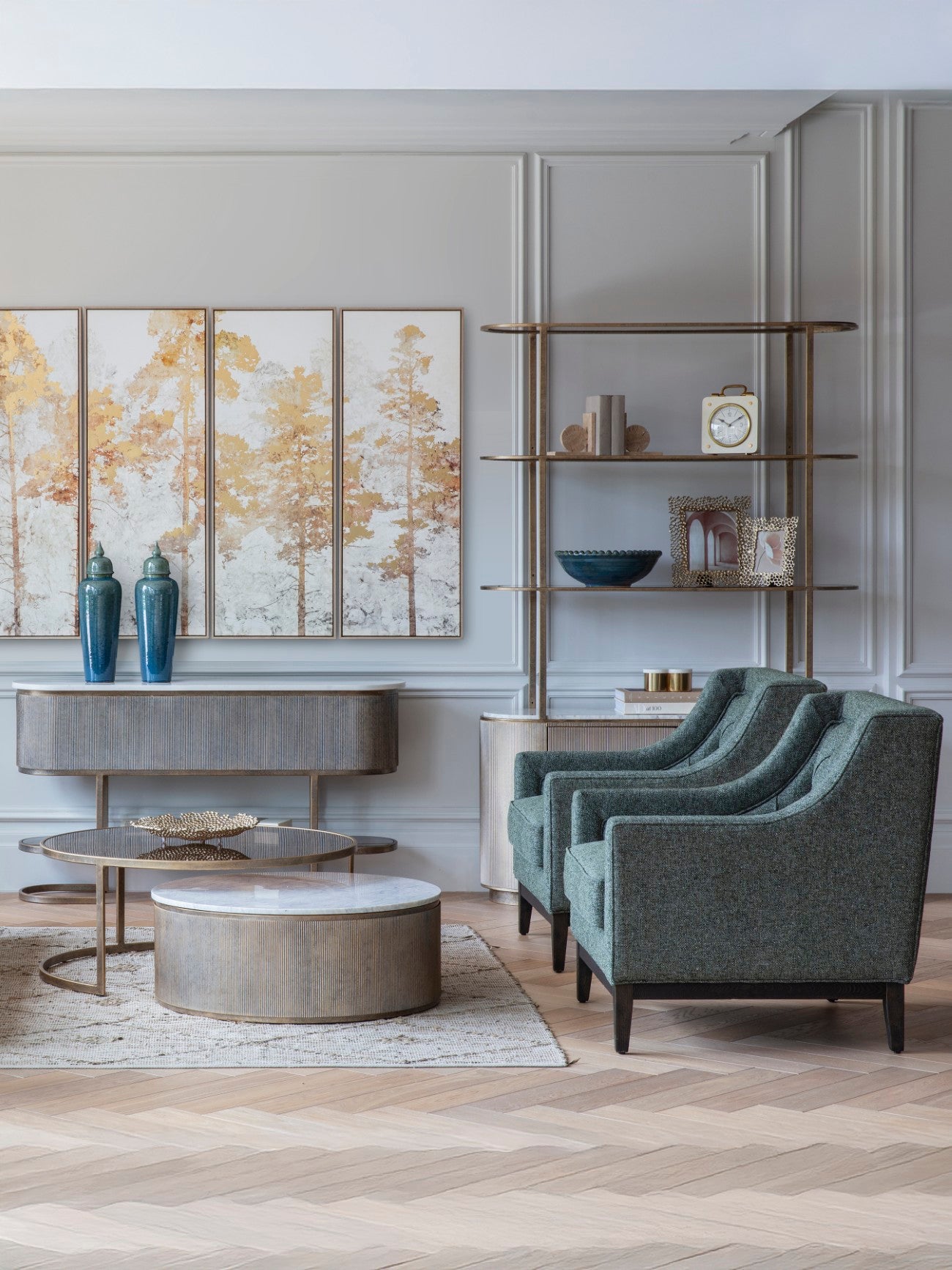 Aged Gold Shelving Unit With Storage