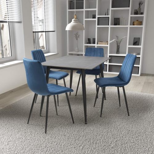 Grey Granite Finish Dining Table & 4 Blue Chairs Set