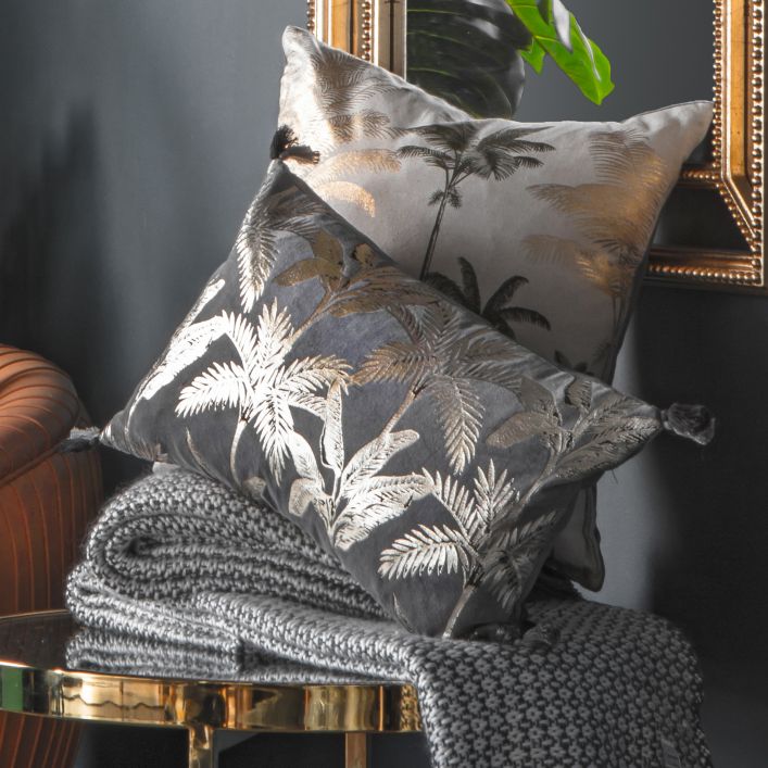 Zola Palm Tassel Metallic Grey Cushion