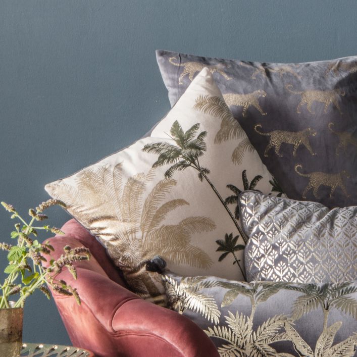 Zola Palm Trees Metallic Cushion Grey