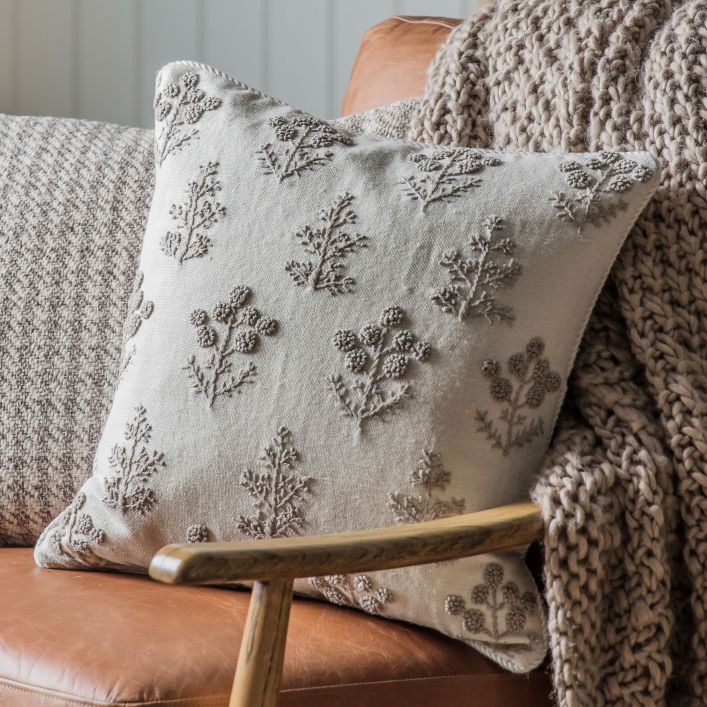 Bloem Floral Embroidered Cushion Natural