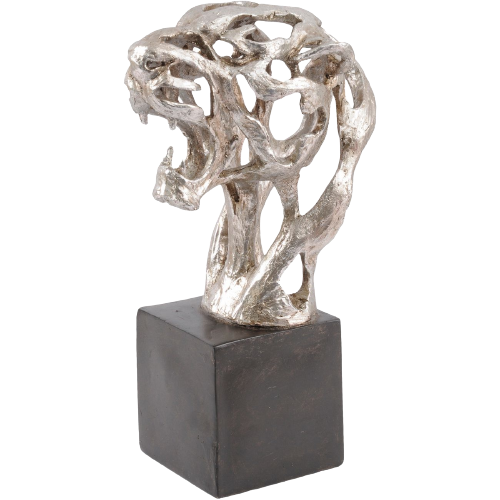 Sculpture abstraite tête de tigre Addo en résine argentée