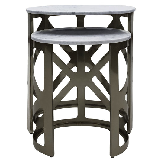 Metropolitan Set of 2 Side Tables Metallic Black Nickel Finish and Grey Marble