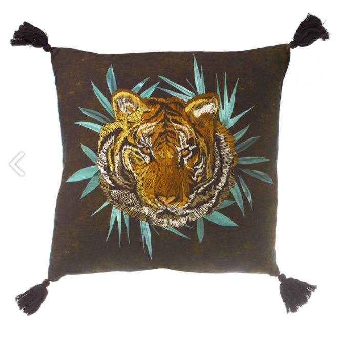 Tiger Face Cushion Black/Teal Cotton