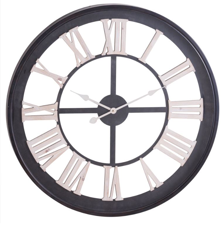 Black Framed Skeleton Clock With White Roman Numerals