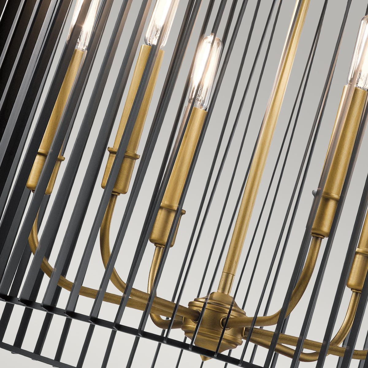 6 Light Chandelier In Natural Brass With Black Slatted Shade