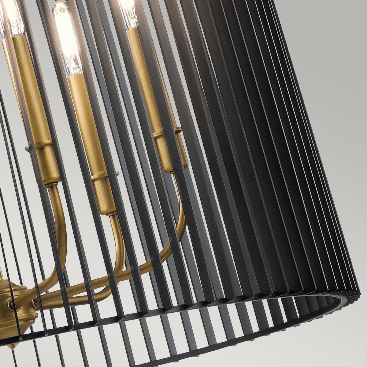 6 Light Chandelier In Natural Brass With Black Slatted Shade