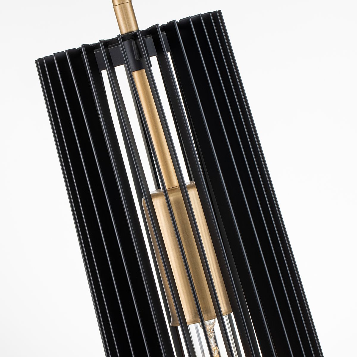 Single Ceiling Pendant In Natural Brass With Black Slatted Shade