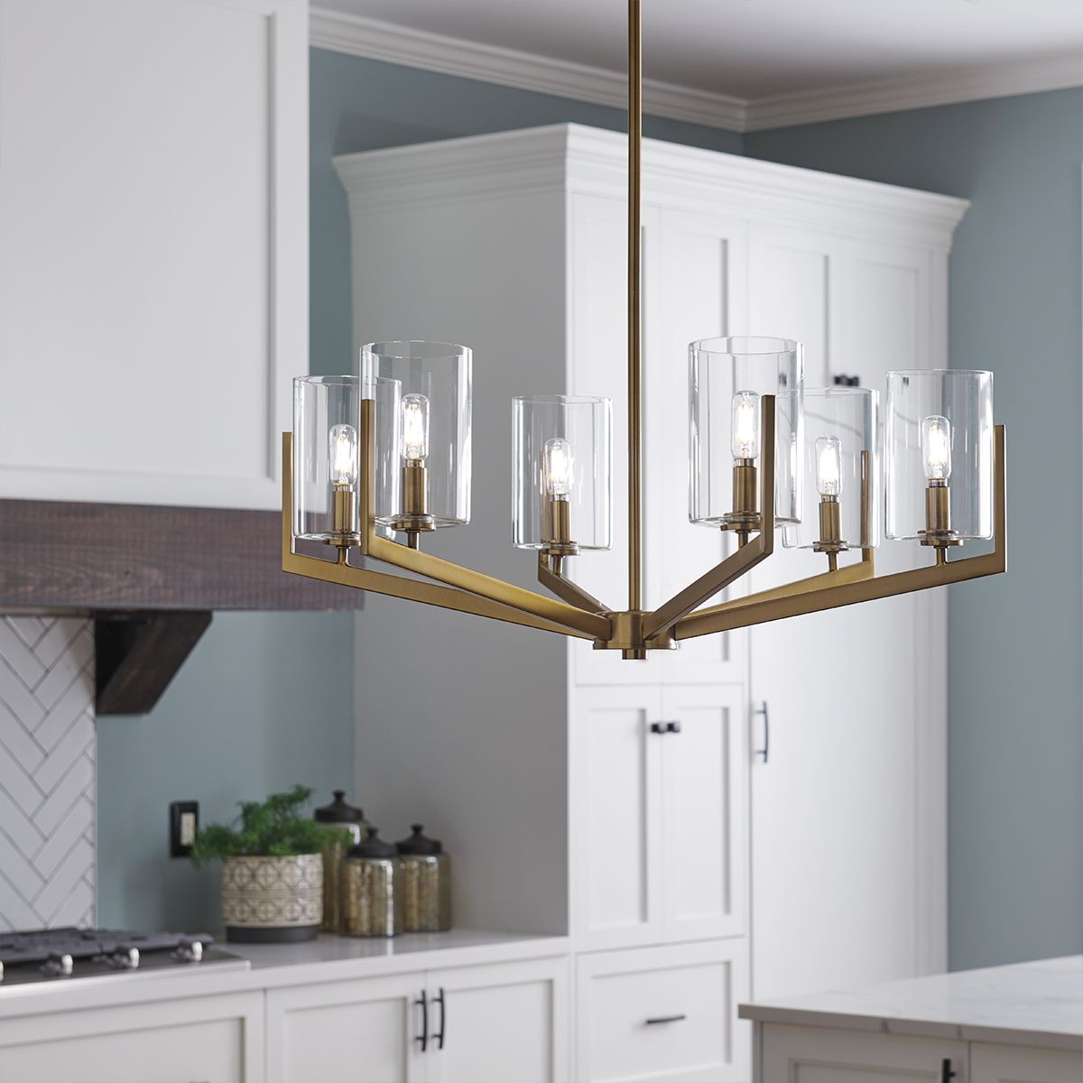 6 Light Ceiling Chandelier in Brushed Natural Brass Finish